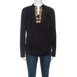 Tory Burch Black Embossed Silk Embellished Tunic Top M 
