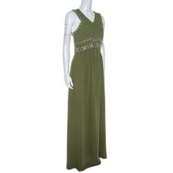 Tory Burch Green Crepe Embellished Luisa Sleeveless Gown M