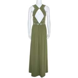 Tory Burch Green Crepe Embellished Luisa Sleeveless Gown M