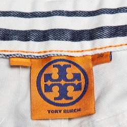 Pre Owned Tory Burch White & Blue Striped Denim Marlien Leggings M