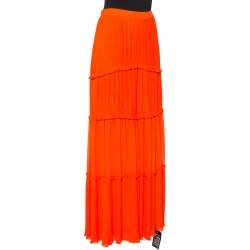 Pre Owned Tory Burch Spicy Orange Crepe Pleated Stella Maxi Skirt S