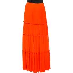 Pre Owned Tory Burch Spicy Orange Crepe Pleated Stella Maxi Skirt S