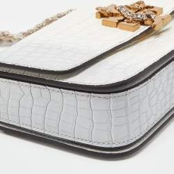 Pre Owned Tory Burch Warm White/Mist Croc Embossed Leather Eleanor Dragon Rectangular Shoulder Bag