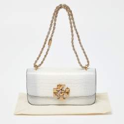 Pre Owned Tory Burch Warm White/Mist Croc Embossed Leather Eleanor Dragon Rectangular Shoulder Bag