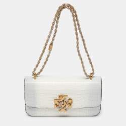 Pre Owned Tory Burch Warm White/Mist Croc Embossed Leather Eleanor Dragon Rectangular Shoulder Bag