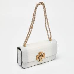 Pre Owned Tory Burch Warm White/Mist Croc Embossed Leather Eleanor Dragon Rectangular Shoulder Bag