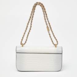 Pre Owned Tory Burch Warm White/Mist Croc Embossed Leather Eleanor Dragon Rectangular Shoulder Bag