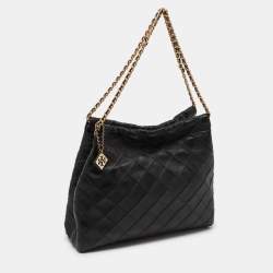 Pre Owned Tory Burch Black Quilted Leather Fleming Drawstring Hobo