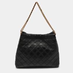 Pre Owned Tory Burch Black Quilted Leather Fleming Drawstring Hobo