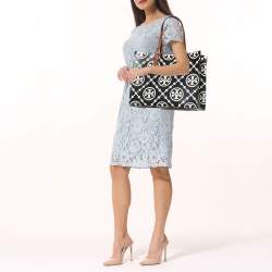 Pre Owned Tory Burch Black/Beige T Monogram Embossed Leather Tote