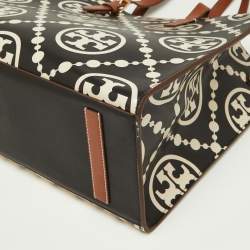 Pre Owned Tory Burch Black/Beige T Monogram Embossed Leather Tote