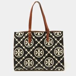 Pre Owned Tory Burch Black/Beige T Monogram Embossed Leather Tote