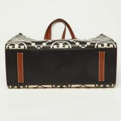 Pre Owned Tory Burch Black/Beige T Monogram Embossed Leather Tote