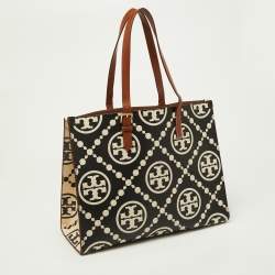 Pre Owned Tory Burch Black/Beige T Monogram Embossed Leather Tote