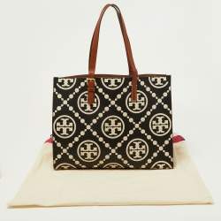 Pre Owned Tory Burch Black/Beige T Monogram Embossed Leather Tote