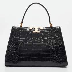 Tory Burch Black Croc Embossed Leather Eleanor Top Handle Bag