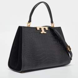 Tory Burch Black Croc Embossed Leather Eleanor Top Handle Bag