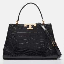 Tory Burch Black Croc Embossed Leather Eleanor Top Handle Bag