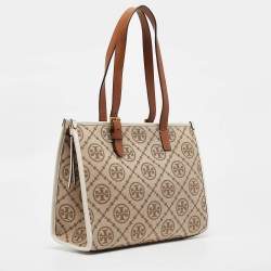 Pre Owned Tory Burch Brown/Ivory T Monogram Canvas Small Tote
