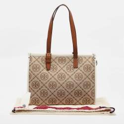 Pre Owned Tory Burch Brown/Ivory T Monogram Canvas Small Tote
