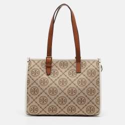 Pre Owned Tory Burch Brown/Ivory T Monogram Canvas Small Tote
