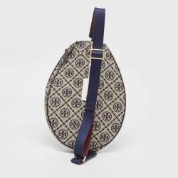 Pre Owned Tory Burch Navy Blue T Monogram Jacquard Canvas Tennis Bag