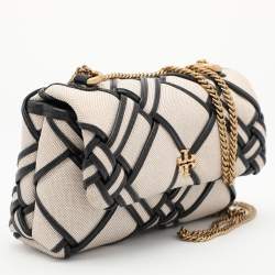 Pre Owned Tory Burch Beige/Black Canvas and Leather Kira Mini Flap Crossbody Bag