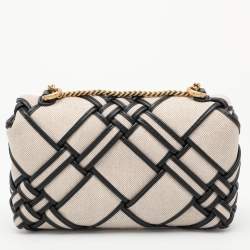 Pre Owned Tory Burch Beige/Black Canvas and Leather Kira Mini Flap Crossbody Bag