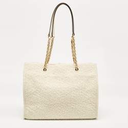 Pre Owned Tory Burch Cream Tweed Ella Boucle Chain Tote
