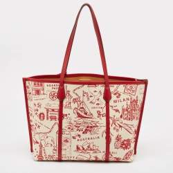 Pre Owned Tory Burch Red Fabric and Leather Printed Perry Tote