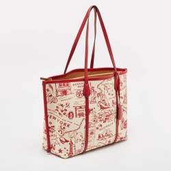 Pre Owned Tory Burch Red Fabric and Leather Printed Perry Tote