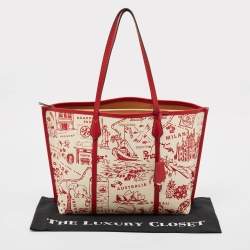 Pre Owned Tory Burch Red Fabric and Leather Printed Perry Tote