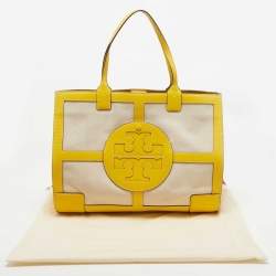 Pre Owned Tory Burch Yellow/Natural Canvas and Leather Large Ella Tote