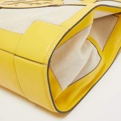 Pre Owned Tory Burch Yellow/Natural Canvas and Leather Large Ella Tote