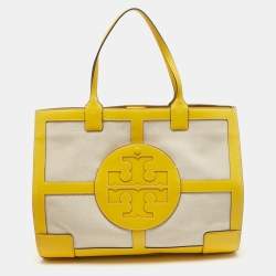 Pre Owned Tory Burch Yellow/Natural Canvas and Leather Large Ella Tote