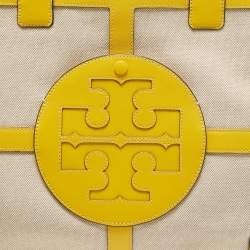 Pre Owned Tory Burch Yellow/Natural Canvas and Leather Large Ella Tote