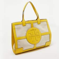 Pre Owned Tory Burch Yellow/Natural Canvas and Leather Large Ella Tote