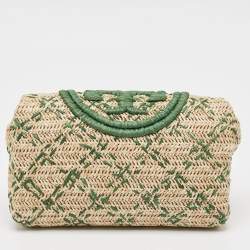 Tory Burch Green/Natural Woven Raffia Fleming Clutch