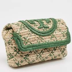 Tory Burch Green/Natural Woven Raffia Fleming Clutch