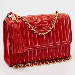 Pre Owned Tory Burch Red Leather Small Fleming Crossbody Bag