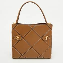 Pre Owned Tory Burch Brown Leather Lee Radziwill Diamond Small Double Bag