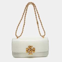 Pre Owned Tory Burch White Croc Embossed Leather Eleanor Dragon Rectangular Shoulder Bag