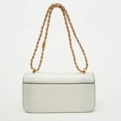 Pre Owned Tory Burch White Croc Embossed Leather Eleanor Dragon Rectangular Shoulder Bag