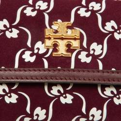 Tory Burch Burgundy Suede and Leather Japanese Floral Wallet on Chain