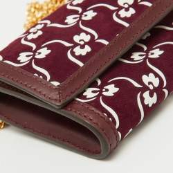 Tory Burch Burgundy Suede and Leather Japanese Floral Wallet on Chain