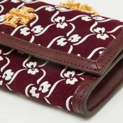 Tory Burch Burgundy Suede and Leather Japanese Floral Wallet on Chain