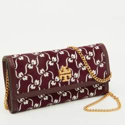 Tory Burch Burgundy Suede and Leather Japanese Floral Wallet on Chain