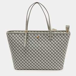 Pre Owned Tory Burch Grey Coated Canvas and Leather Geo Logo Top Zip Tote