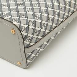 Pre Owned Tory Burch Grey Coated Canvas and Leather Geo Logo Top Zip Tote