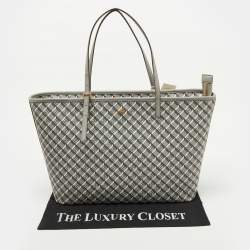 Pre Owned Tory Burch Grey Coated Canvas and Leather Geo Logo Top Zip Tote